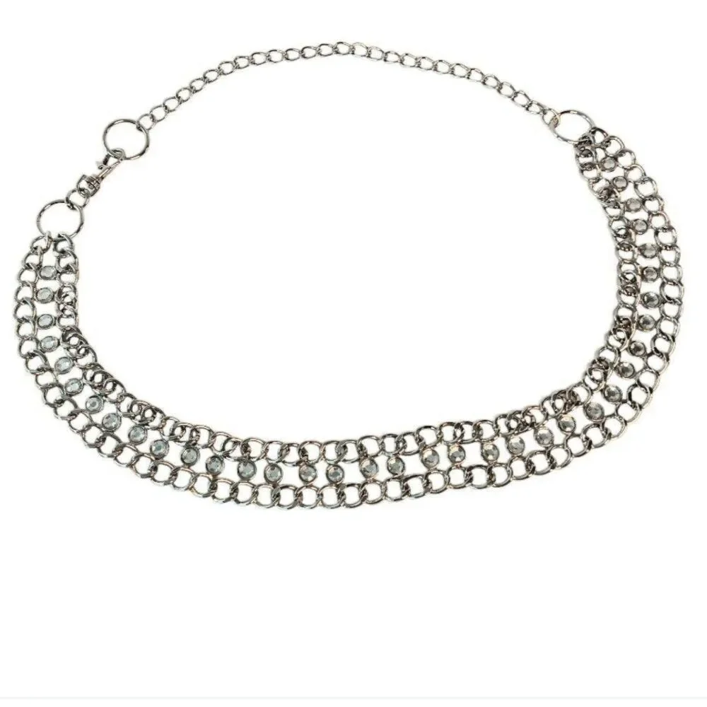Silver Metal & Rhinestone Chain Link Belt Adjustable Size Medium 38